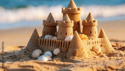 Close-Up of a Sandcastle, Showing the Fine Grains of Sand Packed Together with Tiny Seashells