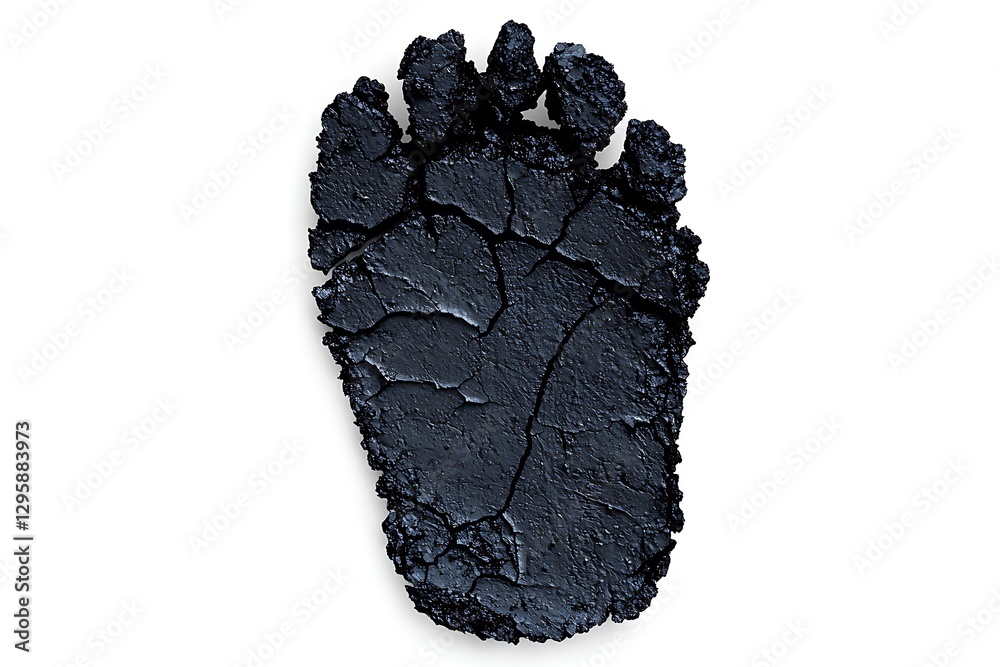 Naklejka premium A large, black footprint is displayed, showcasing detailed textures and grooves, suggesting a wild animal's presence.