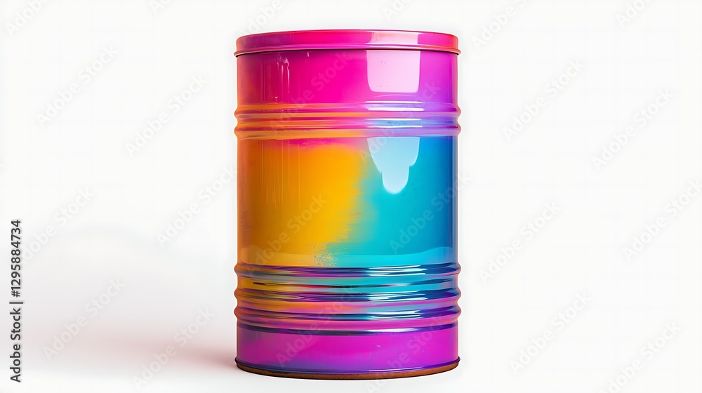 A vibrant, multicolored paint can featuring a gradient of pink, orange, and blue hues, creating an eye-catching artistic effect. A vibrant, multicolored paint can featuring a gradient of pink, orange, and blue hues, creating an eye-catching artistic effect.