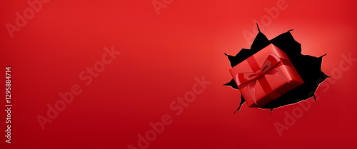 Red gift box in a hole in the wall