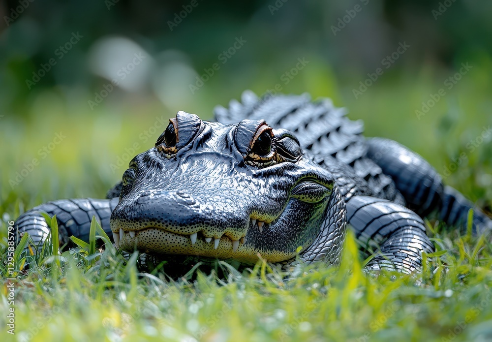 Fototapeta premium Close-Up of a Realistic Alligator Sculpture on Grass Under Natural Light in a Lush Outdoor Environment
