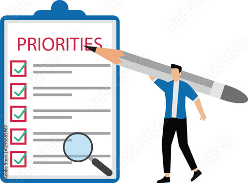 Priority concept illustration, Important agenda for doing Planning and work management, Businessman checking list with priority objectives and urgency selection process