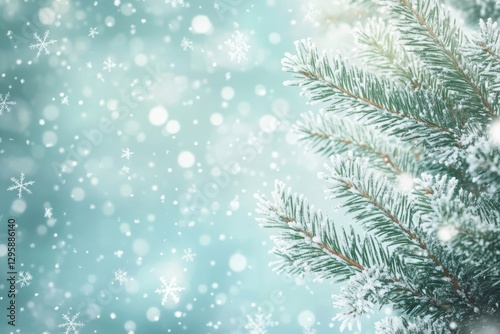 Frosted evergreen branches extend across the top edge of the image, with delicate snowflakes