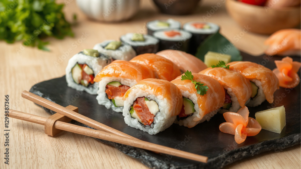 The sushi and chopsticks are beautifully placed on the plate. The sushi and chopsticks are beautifully placed on the plate.