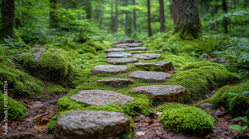 Moss-covered stone path through a misty forest