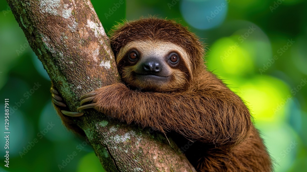 A curious looking sloth clinging to a textured tree branch A curious looking sloth clinging to a textured tree branch
