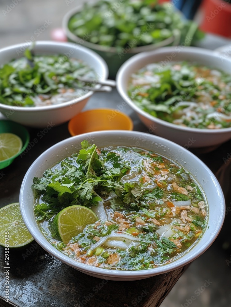 A white bowl of soup with a lime and some greens in it. The soup is full and the lime is cut up A white bowl of soup with a lime and some greens in it. The soup is full and the lime is cut up