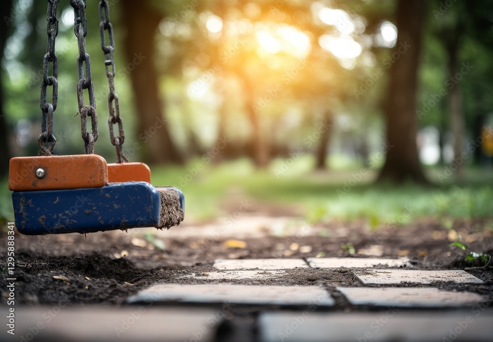 Empty Child Swing in a Serene Park at Sunset Surrounded by Nature and Trees with a Pathway Empty Child Swing in a Serene Park at Sunset Surrounded by Nature and Trees with a Pathway