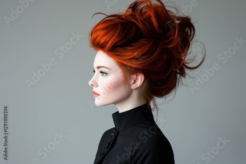Striking portrait of a woman with vibrant red hair styled in an elaborate updo against a neutral backdrop