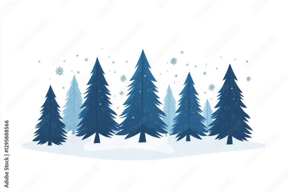 Fototapeta premium Winter landscape, minimalist forest blue pine trees snowy scene, geometric shapes Christmas card design white background