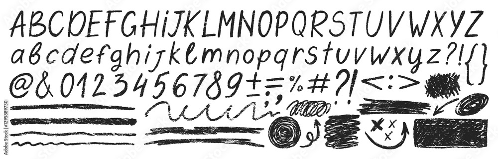 Grunge charcoal scribble stripes, freehand numbers, emphasis arrows, hand-drawn doodle squiggles with crayon or chalk texture. Black vector illustration on a white background.
