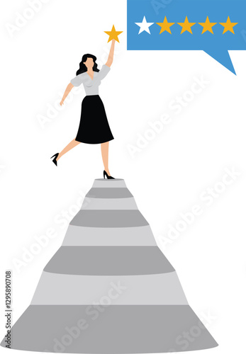 Customer giving 5 stars rating review, reputation and customer feedback, a woman climb up ladder to put on best rating