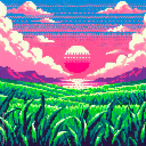 Vibrant pixel art illustration of a sunset over a lush green field, with pink clouds and a pink sun, exuding a retro and nostalgic feel in vivid colors.