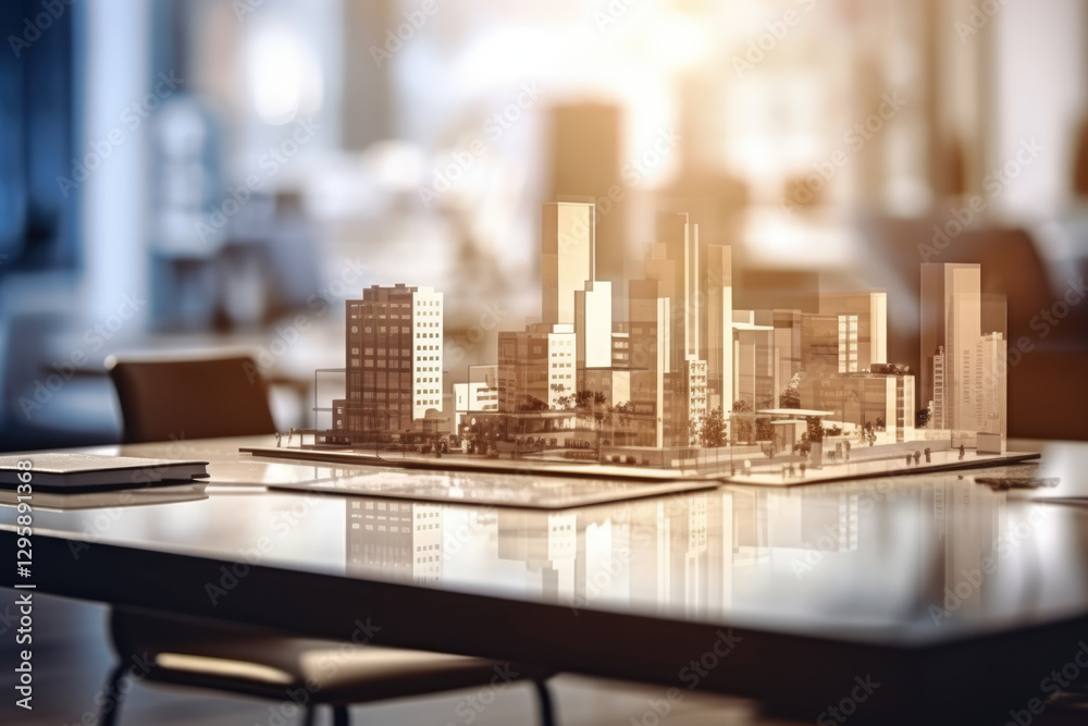 generated illustration of empty wooden table with blurred office background,