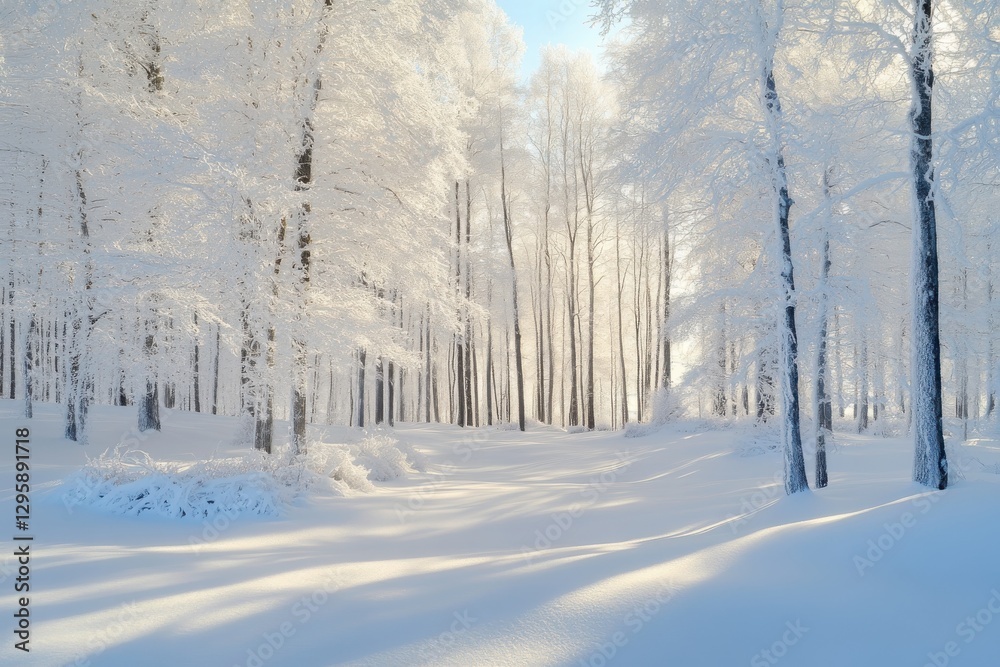 Naklejka premium Winter wonderland, snow-covered forest, frosted trees, ethereal light, soft blue sky, pristine white landscape
