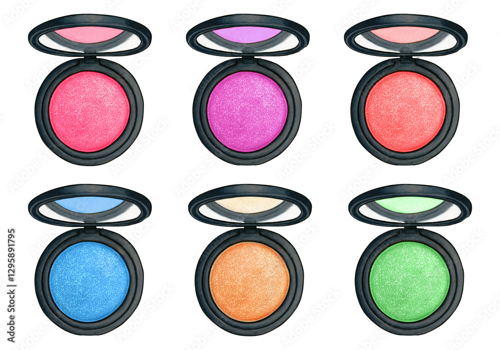 Colorful makeup eyeshadow palettes, vibrant pressed powder compacts, pink purple blue orange green shades, circular compact cases, shimmering cosmetic pigments, beauty product photography Colorful makeup eyeshadow palettes, vibrant pressed powder compacts, pink purple blue orange green shades, circular compact cases, shimmering cosmetic pigments, beauty product photography