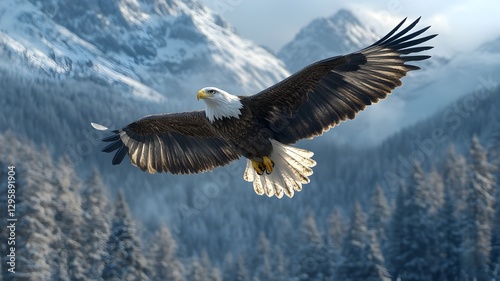 Bald eagle majestically flying over snowy mountain peaks in a winter landscape