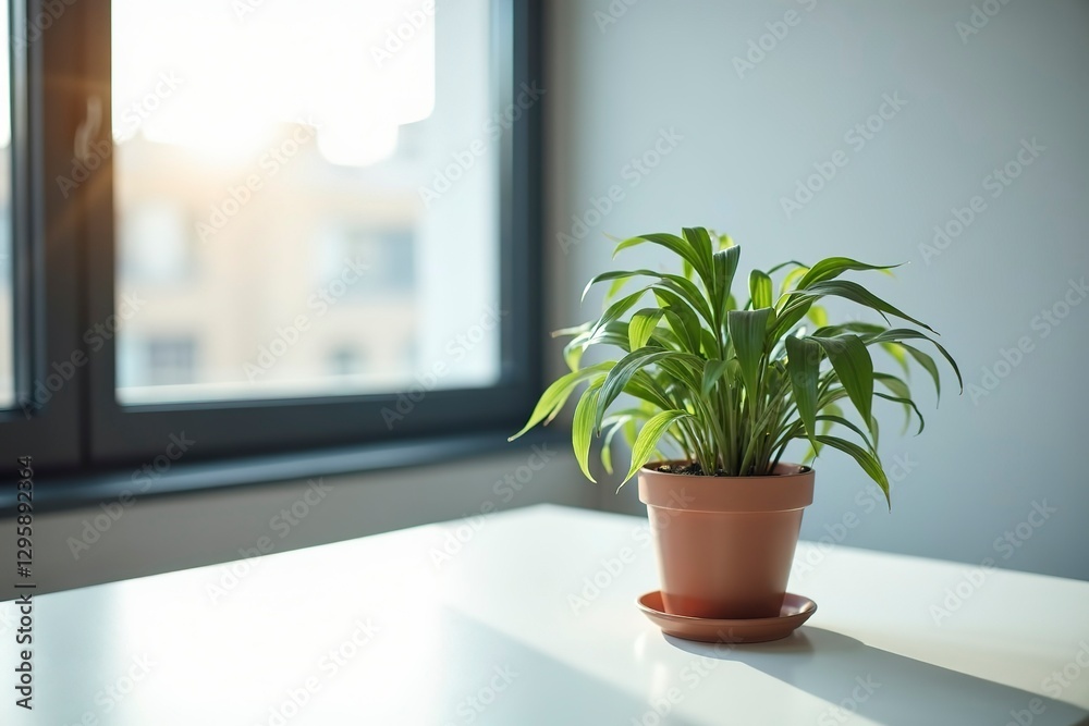 Fototapeta premium A potted plant on a modern desk, symbolizing simplicity and focus in a clean workspace.