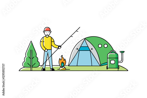 Vector art illustration of a man fishing near a campsite.eps