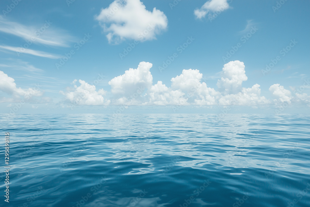 Obraz premium calm ocean with clear blue sky and fluffy white clouds creates serene scene