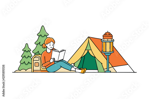 Vector art illustration of a woman reading a book under a tree next to her tent.eps