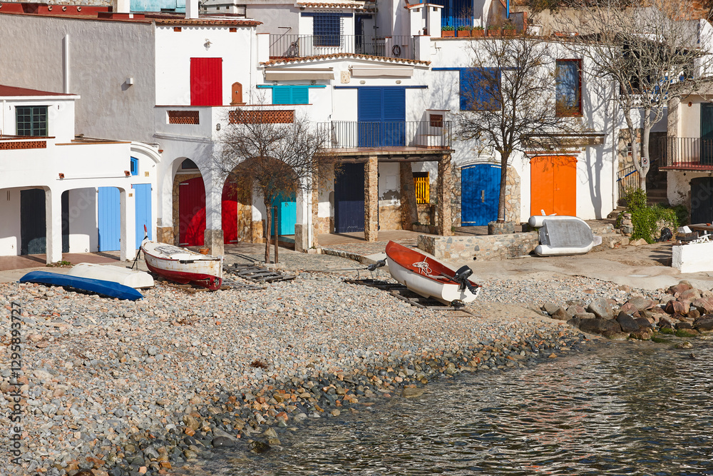 Picturesque colorful mediterranean shoreline in Girona. Salguer cove. Fisherman houses