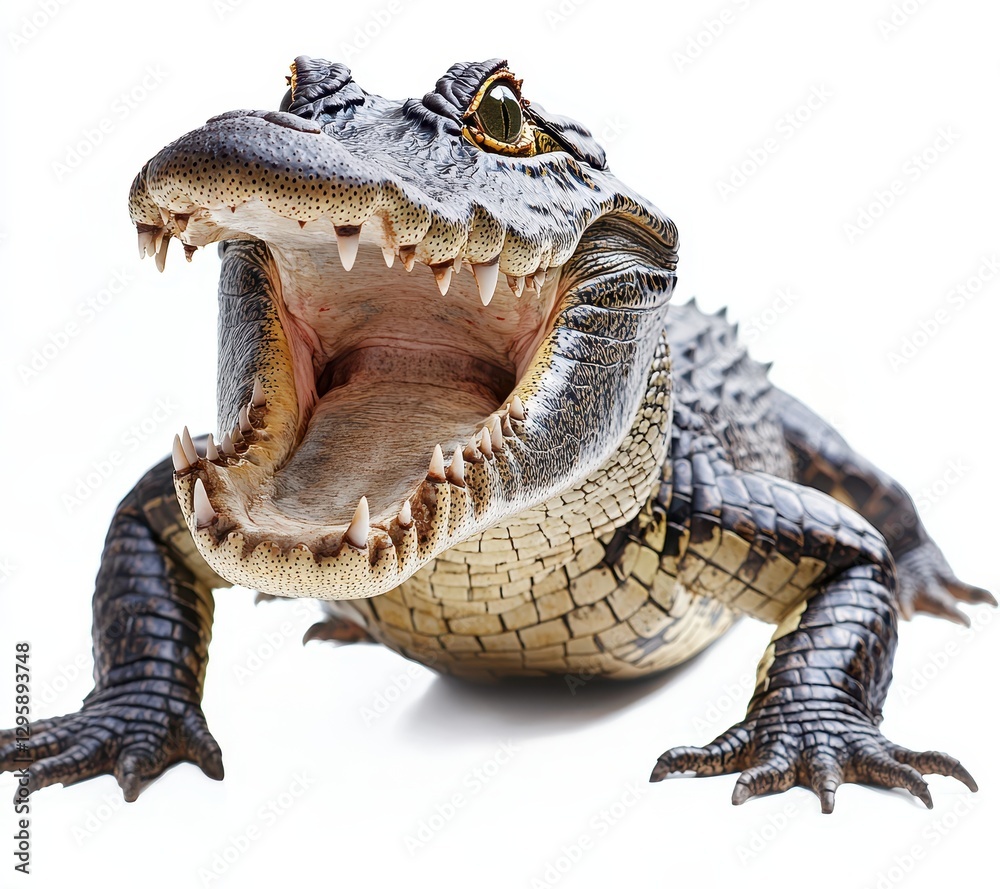 Fototapeta premium Close-Up of a Striking Alligator with Open Mouth, Showcasing Sharp Teeth and Glimmering Eyes on a White Background for Nature Photography Projects