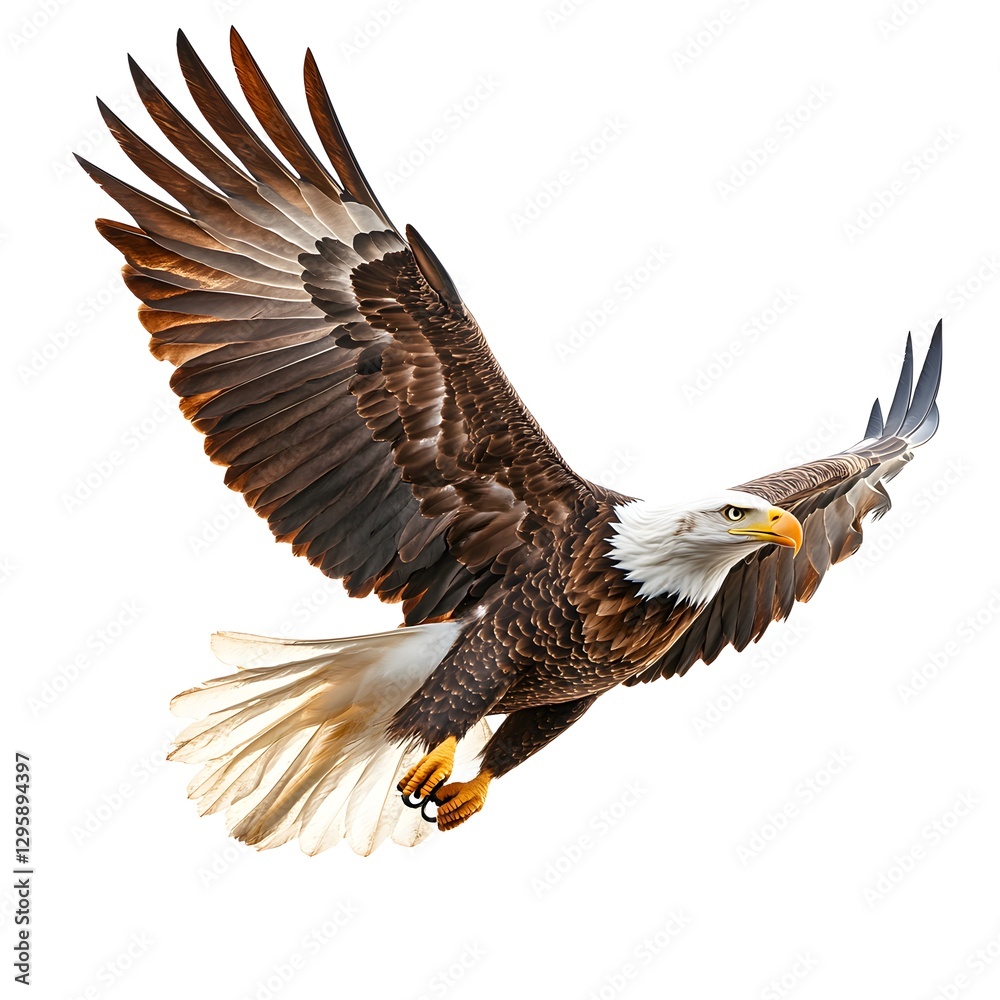 A powerful bald eagle in midflight, showcasing strength against a clear sky A powerful bald eagle in midflight, showcasing strength against a clear sky