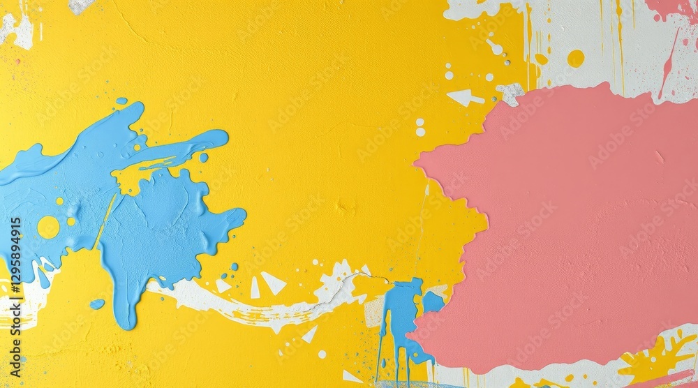 Obraz premium Yellow wall with vibrant blue and pink paint splashes on textured surface