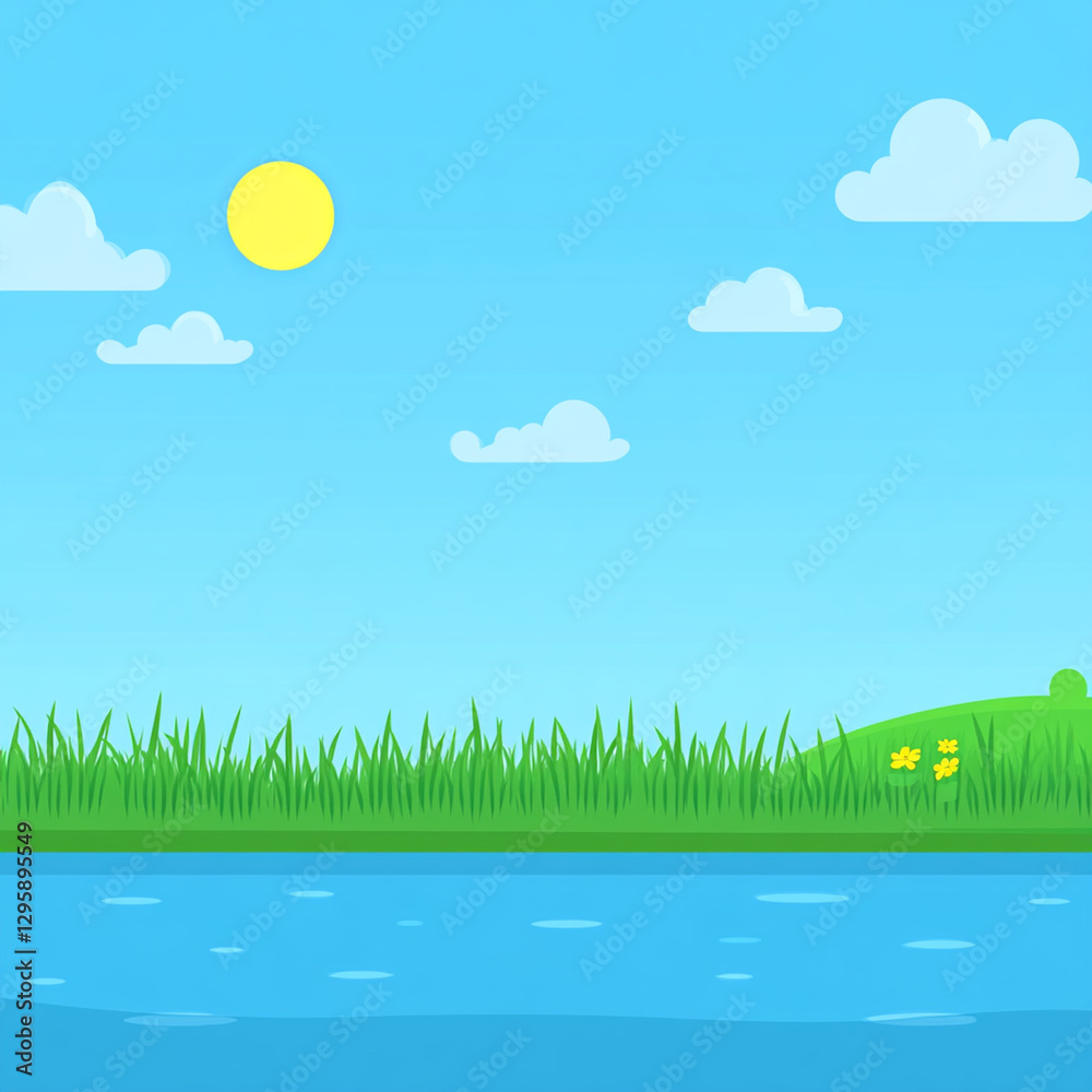 Fototapeta premium Bright sunny landscape with grass, water, and clouds