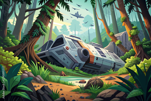 Crashed spaceship in a dense forest, surrounded by tall trees and exotic vegetation, futuristic, detailed, high detail, sci-fi landscape