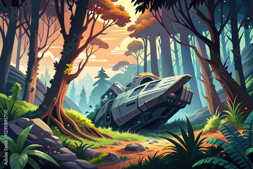 Crashed spaceship in a dense forest, surrounded by tall trees and exotic vegetation, futuristic, detailed, high detail, sci-fi landscape