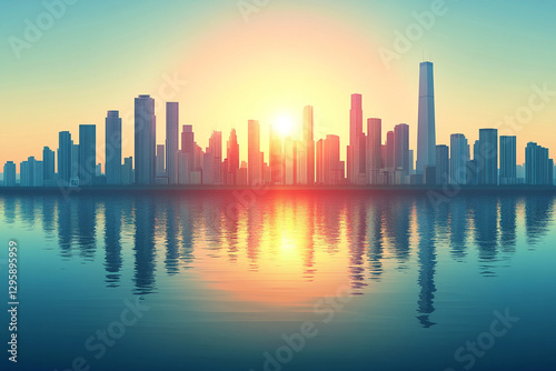 Sunset over city skyline reflecting on water