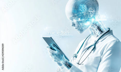 A robot doctor in a white coat with a stethoscope analyzes data on a tablet and makes a decision. Minimalistic background with copy space futuristic atmosphere. The inscription 
