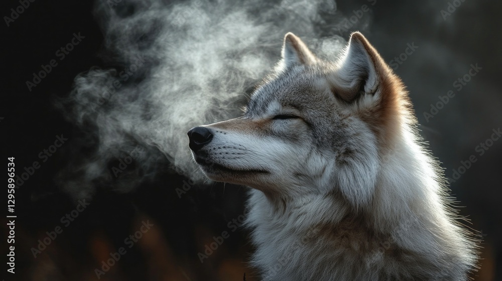 Obraz premium A stunning wolf stands still in a frosty environment, exhaling wisps of steam into the crisp air. Sunlight filters through trees, enhancing the tranquil atmosphere of this woodland moment