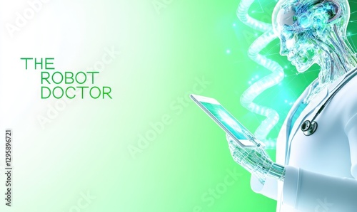 A futuristic robot doctor in a white coat with a stethoscope analyzes data on a tablet. Digital streams of information glow around his head. The green background with copy space symbolizes innovations