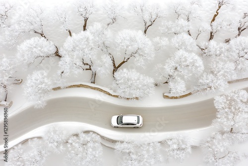 A white car travels along a winding road in snowy winter landscape