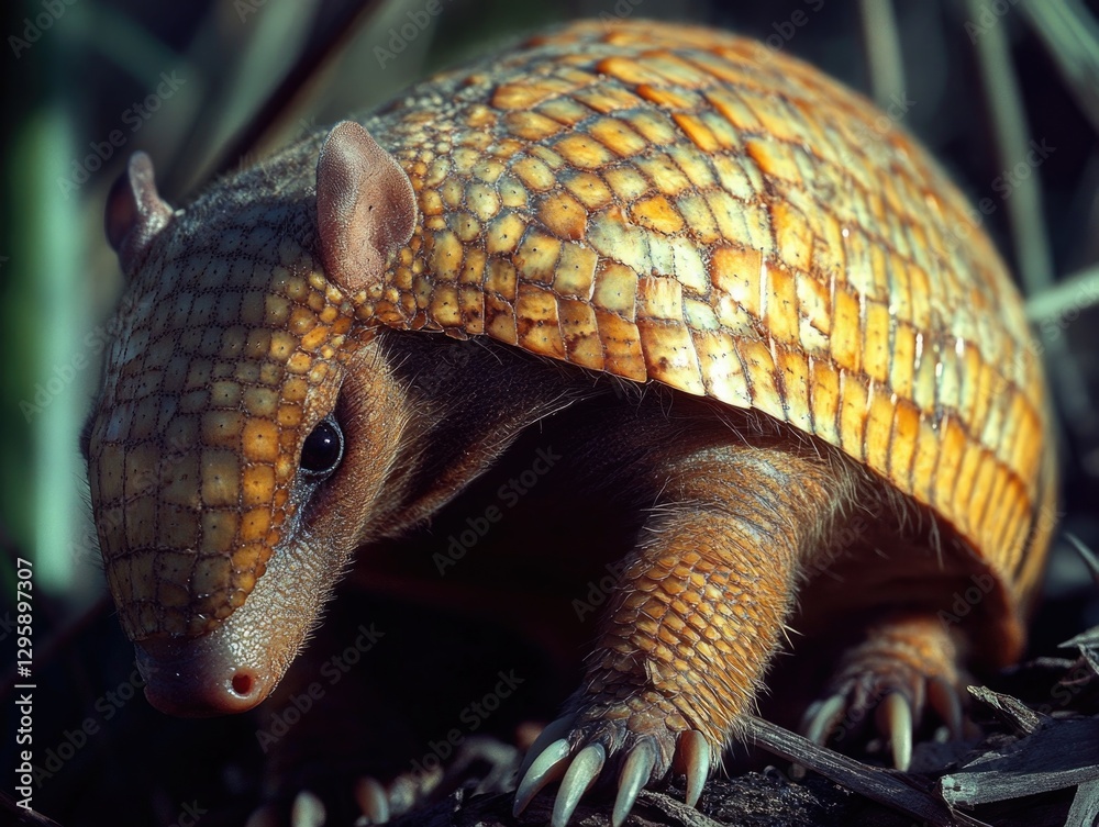 Fototapeta premium This is a yellow armadillo in its natural wild setting. It's a small mammal known for its tough, armored shell and sharp claws.