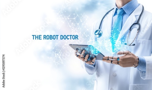 A cybernetic doctor in a white coat holds a tablet from which digital light streams emanate symbolizing the synthesis of technology. The background with copy space and the inscription THE ROBOT DOCTOR