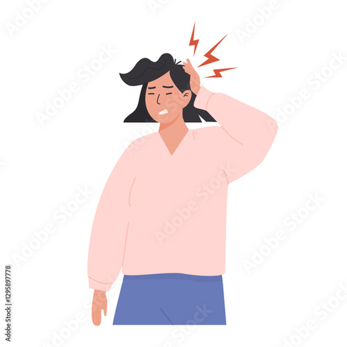 Illustration of a young woman experiencing a painful headache, holding her head with a distressed facial expression. The concept of migraine, stress, fatigue, health issues. Flat vector illustration.