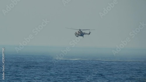 Helicopter over the Caspian Sea. August 2024 year. Kazakhstan. Mangistau region.