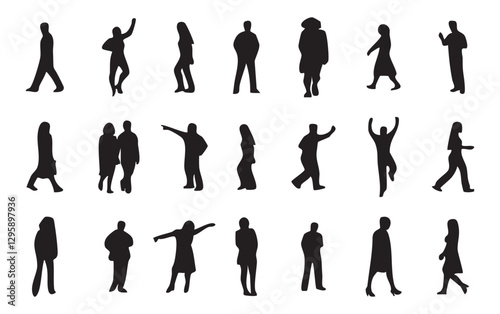 A group of standing business people, black color isolated on white background 