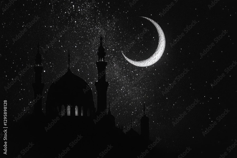 Naklejka premium Nighttime scene with lit-up mosque and crescent moon in the sky. Islamic art and cultural significance of the building showcased.