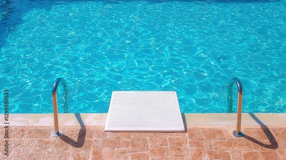 A swimming pool with diving board and metal handrails A swimming pool with diving board and metal handrails