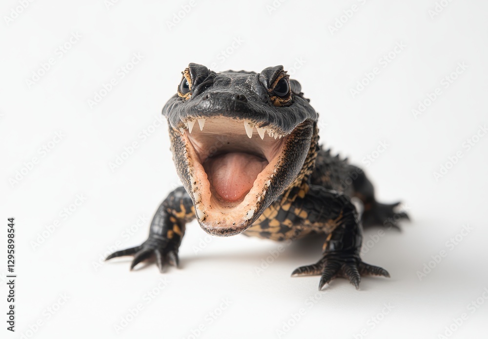 Obraz premium Close-up of a Vibrant Lizard with an Open Mouth Displaying Teeth against a White Background, Perfect for Nature and Wildlife Themes