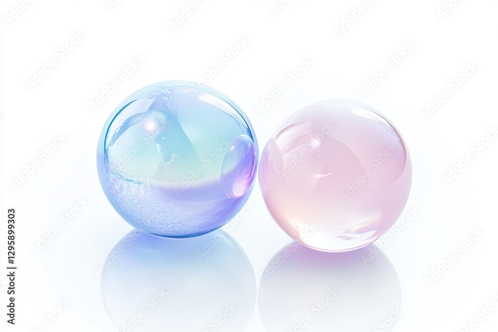 A collection of three iridescent bubbles in pastel hues of pink, blue, and lavender, isolated on a white background A collection of three iridescent bubbles in pastel hues of pink, blue, and lavender, isolated on a white background