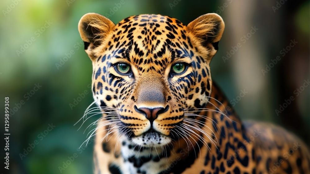 Fototapeta premium A leopard is staring at the camera with its mouth open. The leopard has a green eye and a black nose