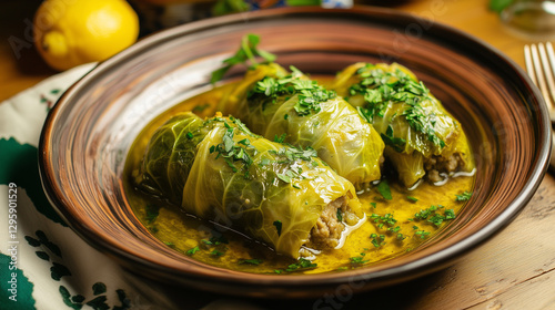 Stuffed Cabbage Rolls with Rice and Meat, Garnished with Fresh Parsley photo