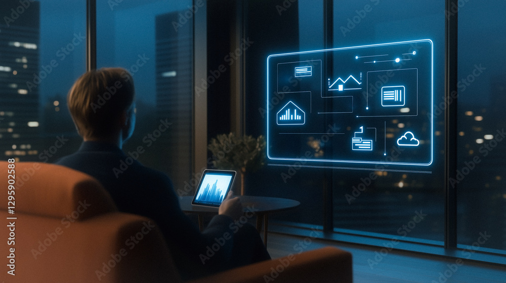 Tech Savvy Visionary: A business professional, immersed in the digital world, gazes out upon a cityscape from the comfort of his modern apartment. Tech Savvy Visionary: A business professional, immersed in the digital world, gazes out upon a cityscape from the comfort of his modern apartment.