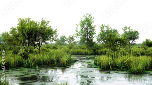 Lush swamp reflecting trees and green grass on transparent background
